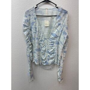 Free People Top Women's Size L Blue White Through The Meadow Floral Shirt New